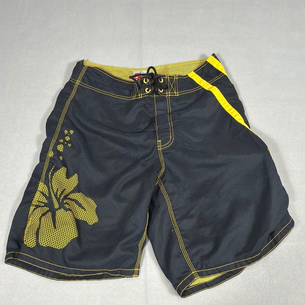 Mossimo Mens Board Shorts Black Yellow Hibiscus Floral Swim Trunks Size 34